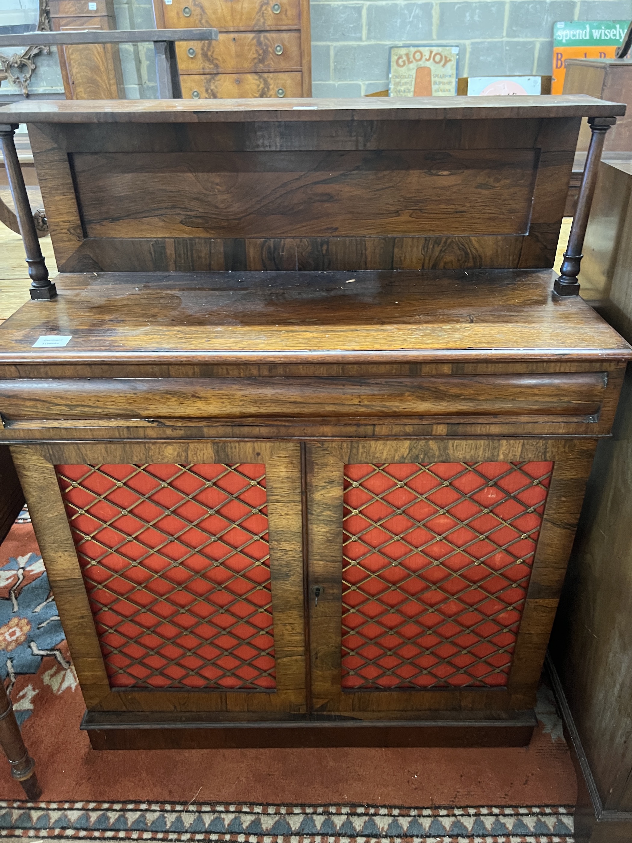 A small Regency rosewood chiffonier, width 83cm, depth 34cm, height 107cm